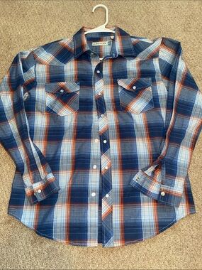 Roper youth size Navy, Light Blue & Orange western shirt size XL